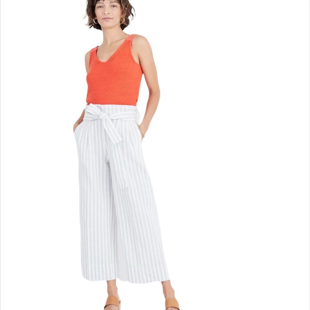 Madewell Tie Waist Huston Crop Pants in Stripe White Light Blue Women’s Sz S
